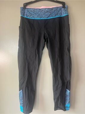 lululemon athletica Black Ankle Crop Leggings with Blue Print Waistband